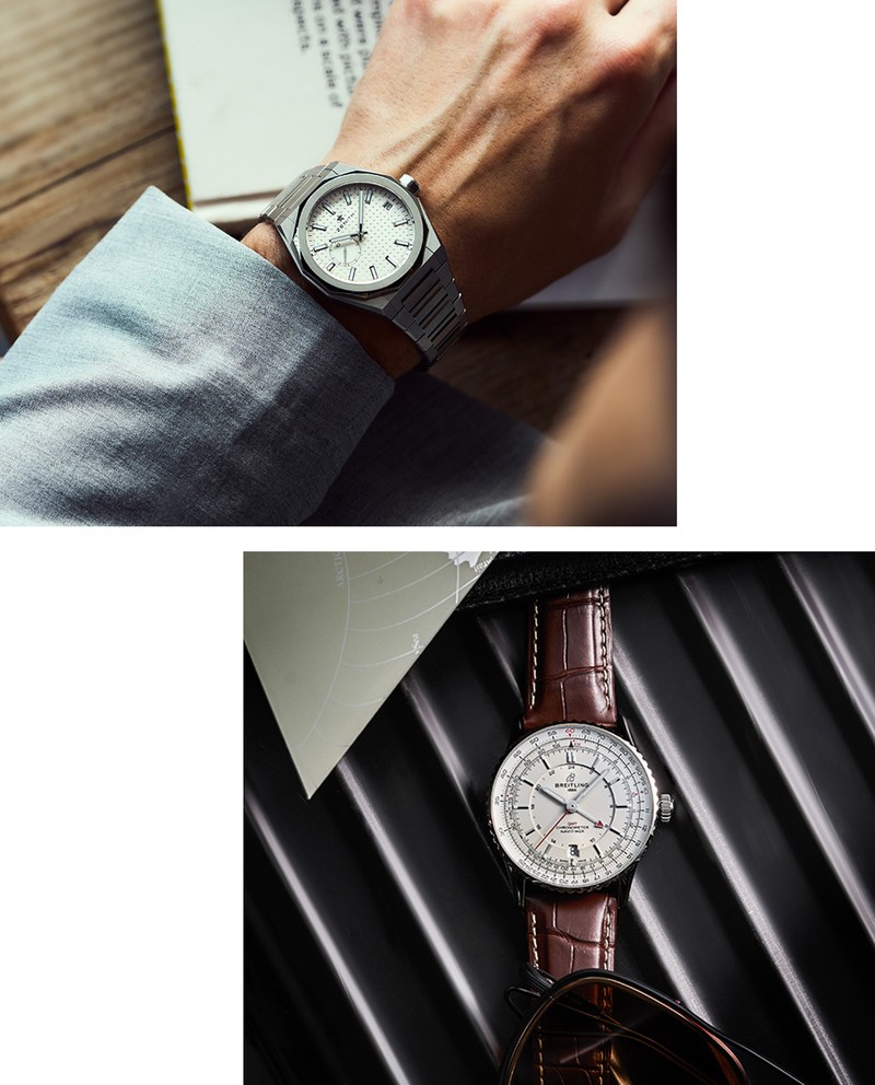▲ 左から 「デファイ スカイライン」自動巻き、SSケース（41mm）×ブレスレット。10気圧防水。121万円／ゼニス、セットアップ16万5000円／タリアトーレ（トレメッツオ）、 「ナビタイマー オートマチック GMT 41」自動巻き、SSケース（41mm）、アリゲーターストラップ。77万6600円／ブライトリング（ブライトリング・ジャパン）