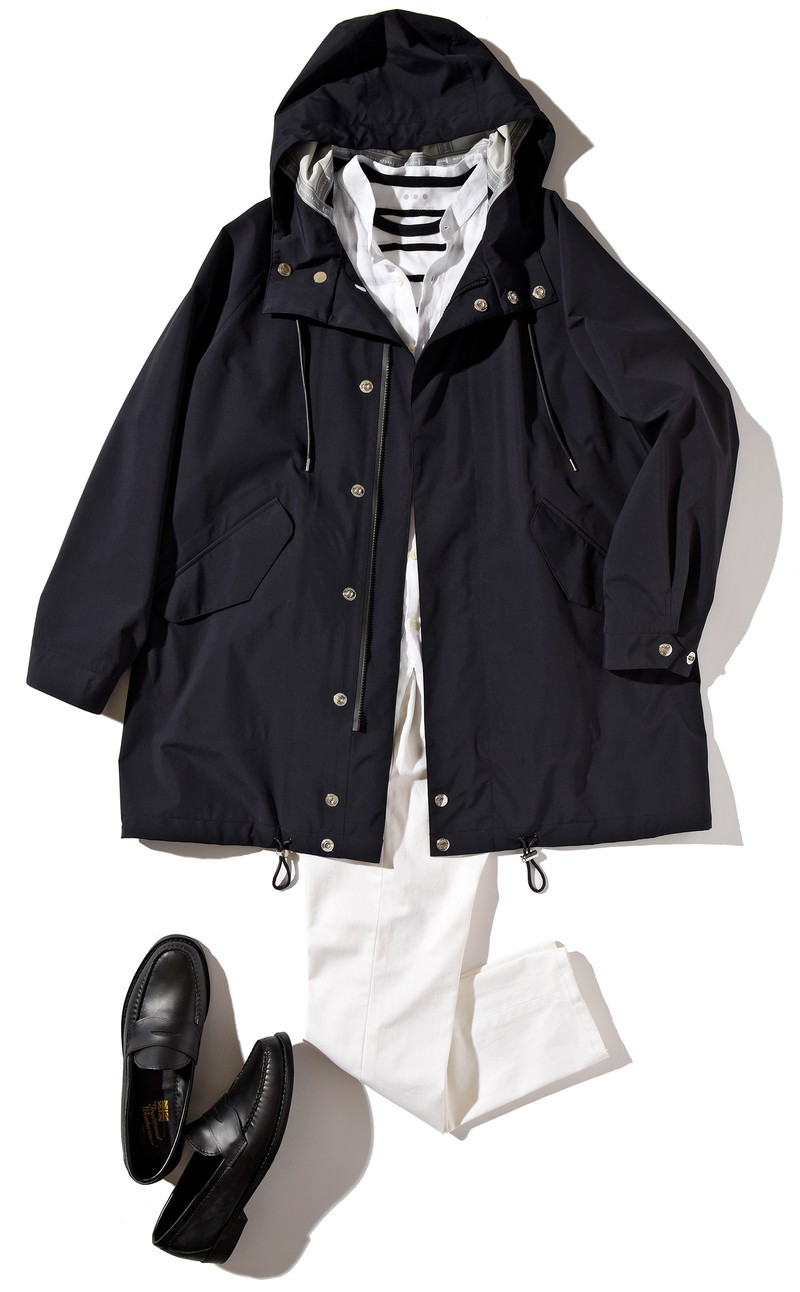 ▲ コート15万9500円/マッキントッシュ(マッキントッシュ ギンザシックス店)、シャツ3万5200円/チェントヴェンティペルチェント リノ(コロネット)、Tシャツ1万6500円/スリードッツ(スリードッツ表参道店)、デニム1万7600円/アウール(アウール阪急メンズ大阪)、靴1万6500円/トラディショナル ウェザーウェア(トラディショナル ウェザーウェア ルミネ有楽町店)