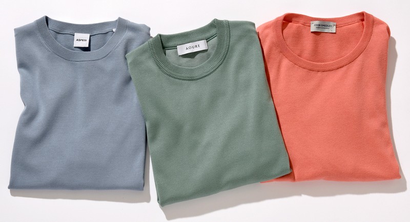 ▲ ニット左3万4100円/アスペジ(トヨダトレーディング プレスルーム)、中1万4300円/アウール(アウール阪急メンズ大阪)、右3万6300円/ジョン スメドレー(リーミルズ エージェンシー)