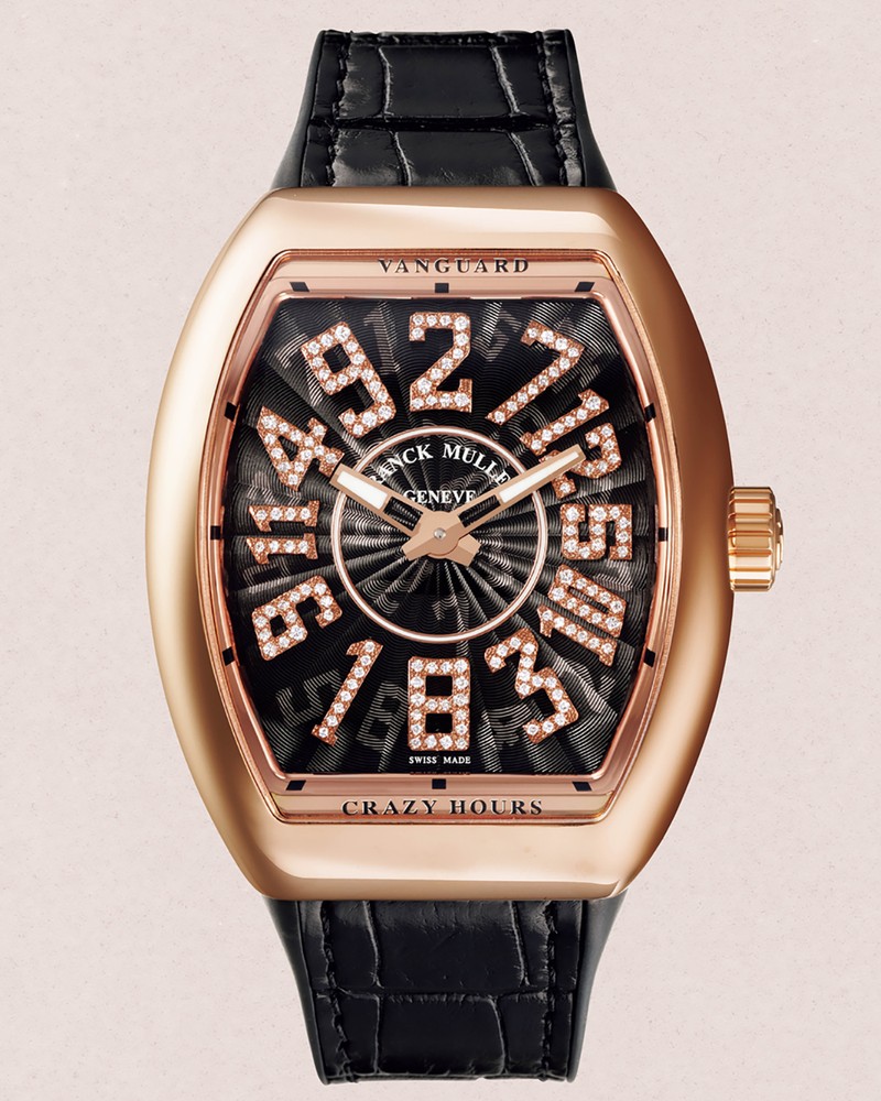 ▲ 「ヴァンガード クレイジー アワーズ」自動巻き、18KPGケース(53.7×44mm)、クロコダイル×ラバーストラップ。限定10本。742万5000円/フランク ミュラー(フランク ミュラー ウォッチランド東京)