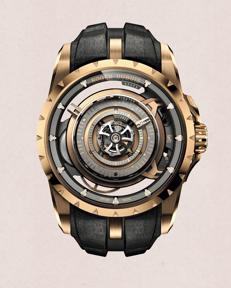 ▲ 「オルビス イン マキナ」手巻き、18KPGケース(45mm)、カーフレザーストラップ。10気圧防水。ブティック限定28本。3509万円/ロジェ・デュブイ