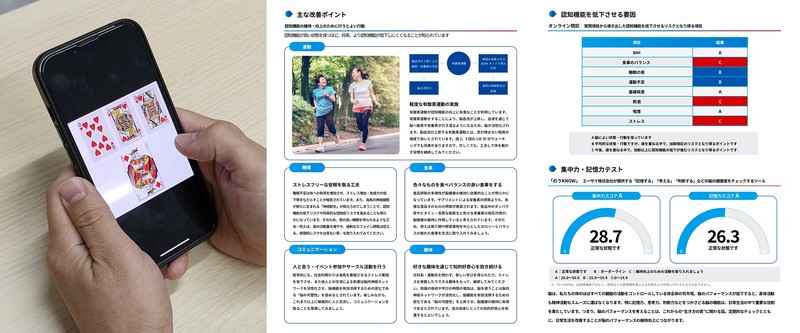 まず事前に、現在の脳の状態やパフォーマンスを確認する「のうKNOW」をケータイでチェックします。色々な質問に答えることで、運動や食事、睡眠などの生活習慣の改善ポイントや、「集中力・記憶力テスト」の結果が出ます。こちらは家など、一番リラックスできる環境でやることも大切なポイントです。例えシビアな結果が出ても、落ち込まないように!