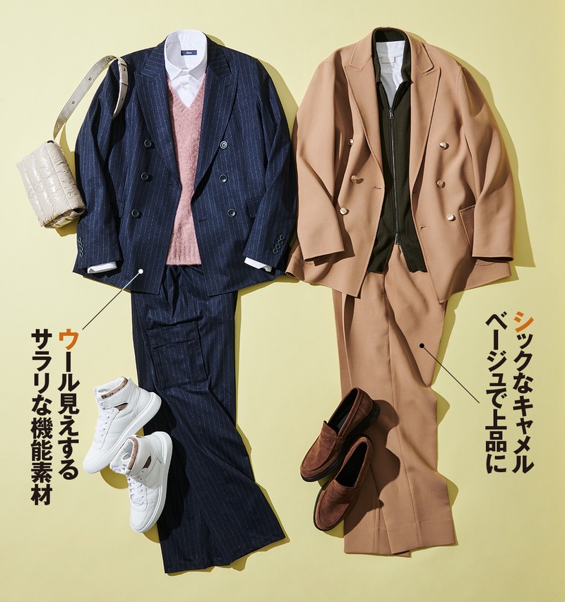 右●ジャケット7万9200円 、パンツ4万700円/ともにデザインワークス、ニット8万6900円/ヌメロ ヴェントゥーノ、カットソー1万5400円/エムバイ、靴5万5000円/ダブルジェイケイ(すべて買えるLEON) 左●ジャケット14万1900円、パンツ7万5900円、ニットベスト5万9400円、シャツ4万2900円、靴8万2500円、バッグ10万7800円/すべてヘルノ(買えるLEON)