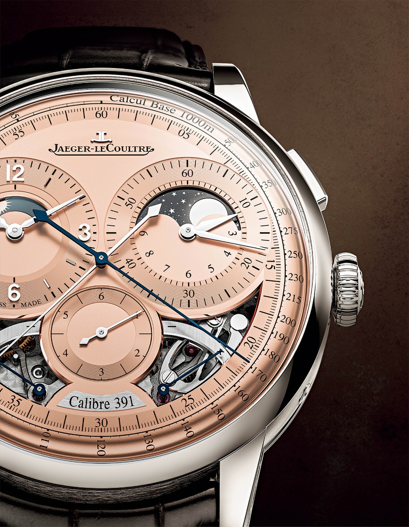 ▲ 「デュオメトル・クロノグラフ・ムーン」手巻き、Ptケース(42.5mm)、アリゲーターストラップ。5気圧防水。1443万2000円(時価・参考価格)/ジャガー・ルクルト