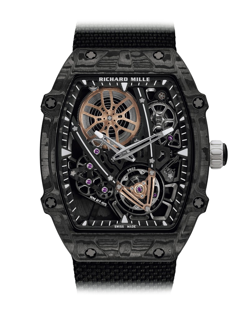 ▲ 「RM 27-05 フライングトゥールビヨン ラファエル・ナダル」手巻き、カーボンTPT®B.4ケース(47.25×37.25mm)、ブラックテキスタイルストラップ。10m防水。世界限定80本。98万CHF/リシャール·ミル(リシャールミルジャパン)