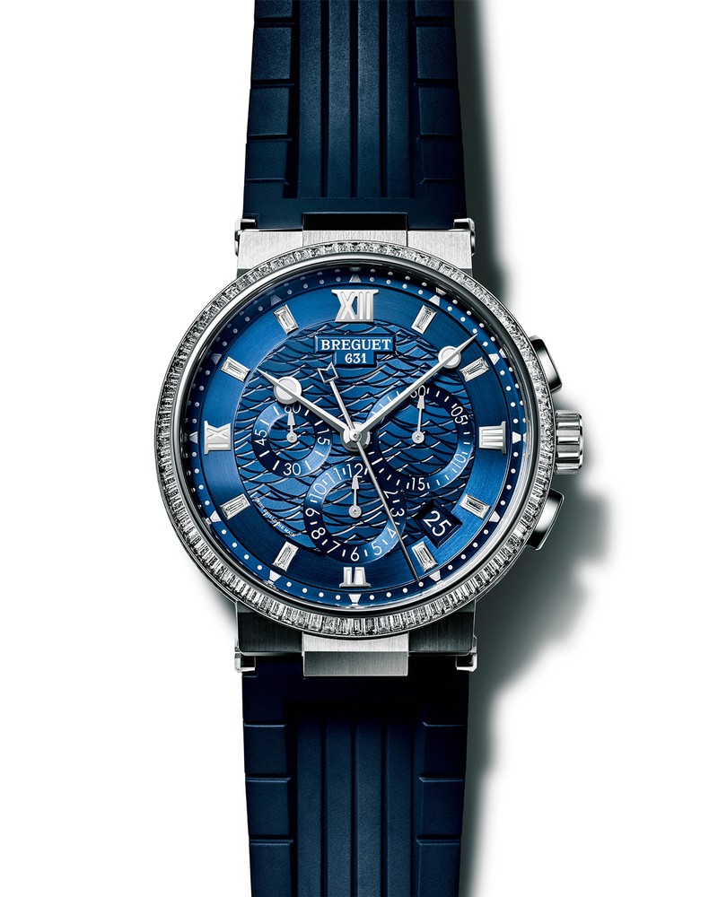 ▲ 「マリーン クロノグラフ 5529」自動巻き、18KWG&ダイヤモンドケース(42.3mm)、ラバーストラップ。30m防水。1960万2000円/ブレゲ(ブレゲ ブティック銀座)