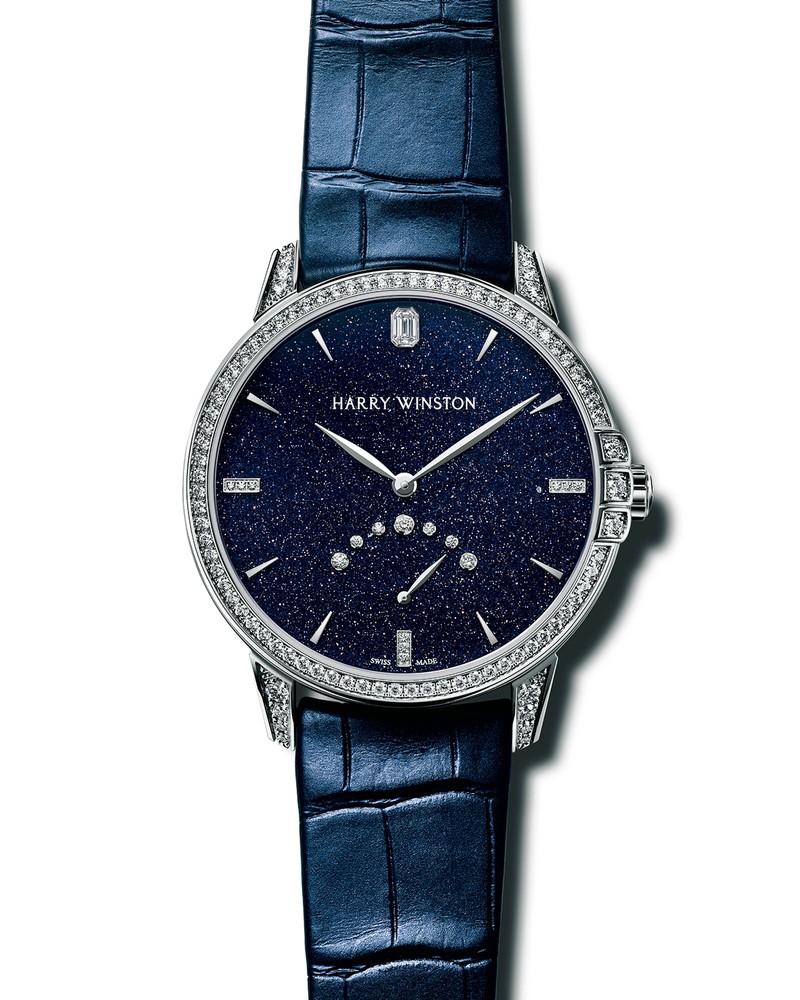 ▲ 「HW ミッドナイト・レトログラードセコンド オートマティック 39mm」自動巻き、18KWG&ダイヤモンドケース(39mm)、アリゲーターストラップ。3気圧防水。501万6000円/ハリー・ウィンストン(ハリー・ウィンストン クライアントインフォメーション)