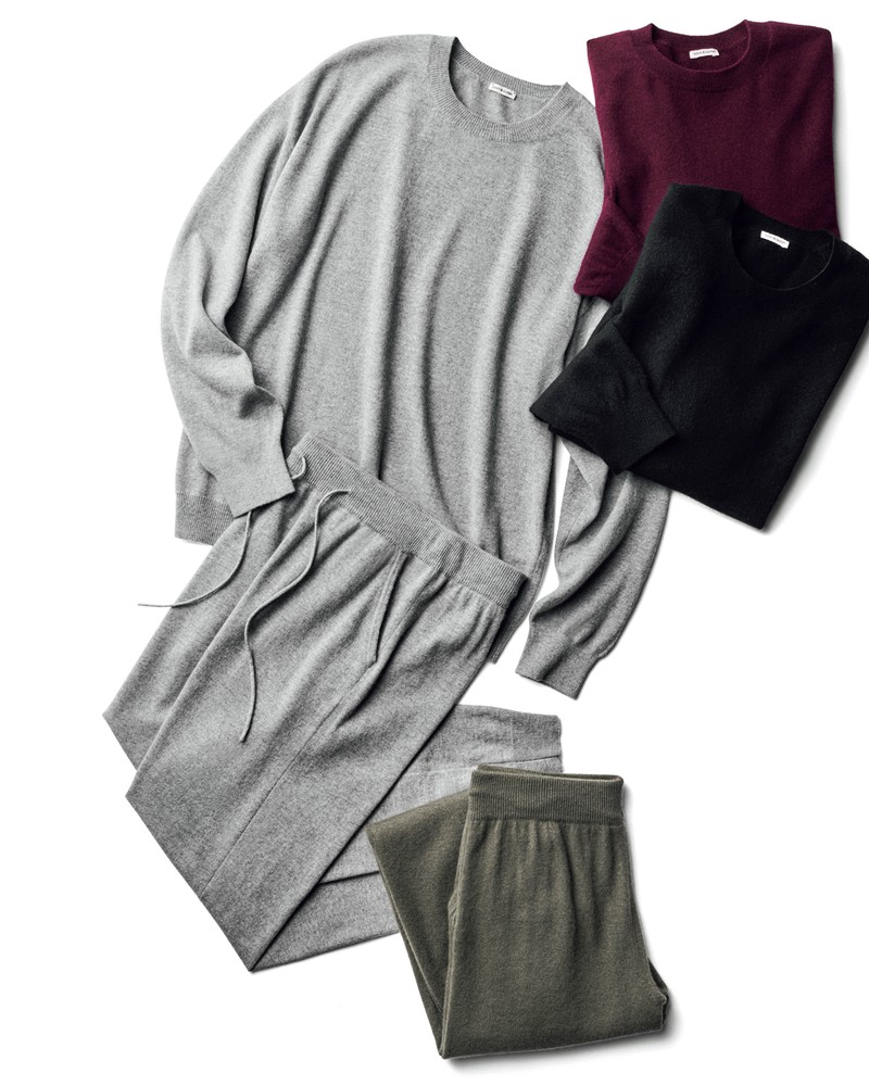 ▲ ココンチが数年前から研究に研究を重ねて実現したカシミアのセットアップは全8色とカラーバリエーションも豊か。洗濯の仕方やアイロンのかけ方などメインテナンス方法も公開しているので、こちらも要チェック。セットアップ各5万8300円/キャッシュアンドバルバ(エグジステンス)