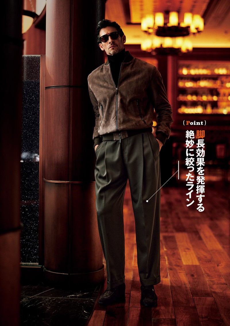 パンツ16万600円、ブルゾン59万2900円、ニット14万6300円、シューズ11万6600円、サングラスは参考商品/すべてトッズ(トッズ・ジャパン)