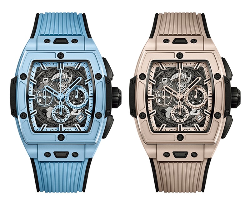 左●「スピリット オブ ビッグ・バン スカイブルー セラミック」自動巻き、スカイブルーのセラミックケース(42mm)、スカイブルーのラバーストラップ。10気圧防水。世界限定200本。376万2000円、右●「スピリット オブ ビッグ・バン ベージュ セラミック」自動巻き、サンドベージュのセラミックケース(42mm)、ベージュのラバーストラップ。10気圧防水。世界限定200本。376万2000円/ともにウブロ