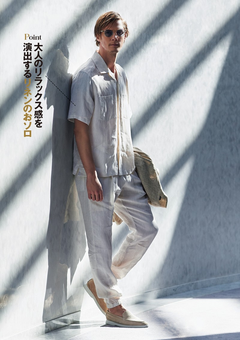 シャツ6万1600円、パンツ7万1500円、シューズ8万2500円、手に持ったブルゾン22万8800円／すべてヘルノ（ヘルノ・ジャパン）、サングラス4万8400円／アイヴァン（アイヴァン 東京ギャラリー）