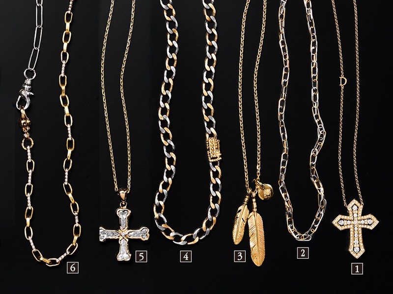 ネックレス【1】［18KYG×ダイヤモンド］192万5000円／ダミアーニ、【2】［18KYG×18KWG］88万円／カドー、【3】［18KYG］89万6500円／レッドマン、【4】［18KYG×18KWG］321万2000円／ラギッド マインド、【5】［18KYG×ラボグロウンダイヤモンド］124万3000円／ティティアンドコー、【6】［18KYG×18KWG×ダイヤモンド］187万円／ミラモア（すべて買えるLEON）