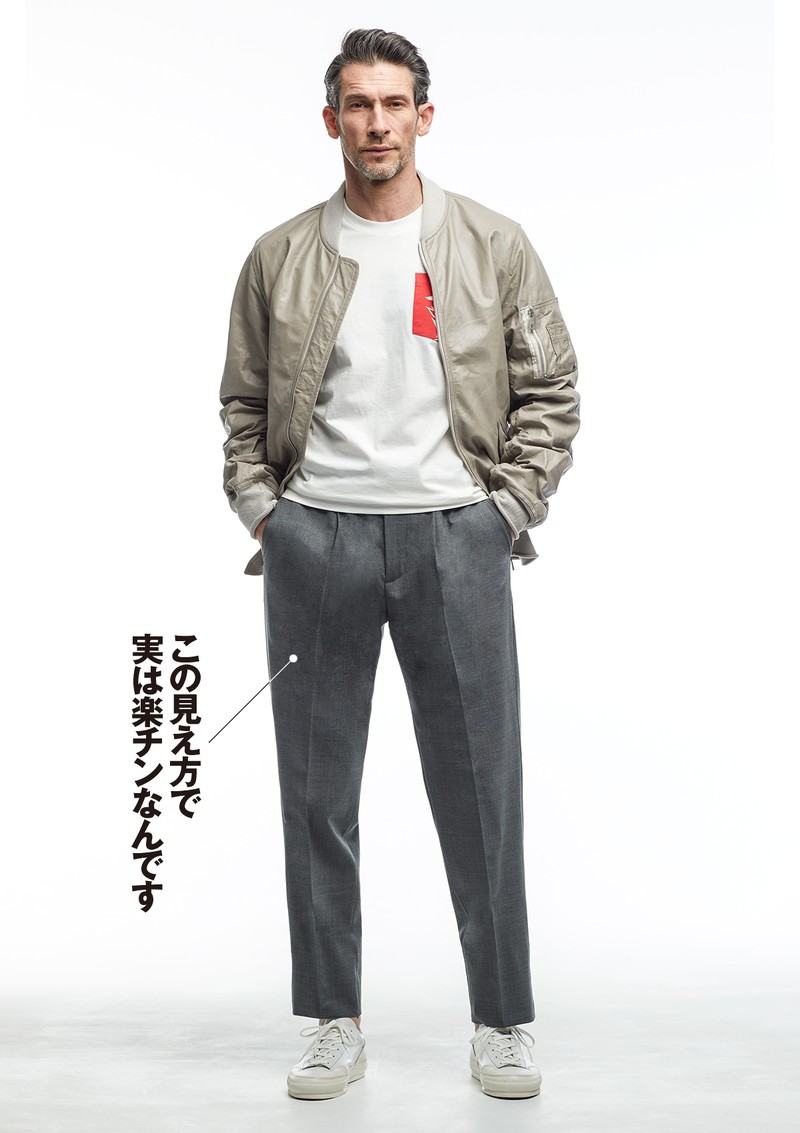 パンツ3万9600円／エムバイ、ブルゾン23万3200円／ジョルジオ ブラート、Tシャツ1万2100円／リプレイ、シューズ2万7500円／スピングル（すべて買えるLEON）