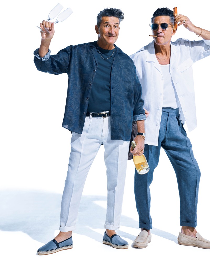 右●シャツ3万9600円／ランバン コレクション（ランバン コレクション 表参道店）、タンクトップ9350円（3枚セット価格）／カルバン・クライン（カルバン・クライン カスタマーサービス）、パンツ4万2900円／ベルウィッチ（アマン）、ジャケット4万9500円／コノロジカ（HEMT PR）、シューズ10万2300円／トッズ（トッズ•ジャパン）、サングラス4万7300円／アイヴァン（アイヴァン 東京ギャラリー）、ネックレス29万円／ギンザタナカ、リング29万9750円、ブレスレット32万8900円／ともにジェントルマン（ジェントルマン サロン 六本木）、左●シャツ3万9600円／コロニー クロージング（バインド ピーアール）、Tシャツ3万5200円／ジェームス パース（ジェームス パース 青山店）、パンツ3万4100円／デヴォレ インチピット（バインド ピーアール）、ベルト4万5100円／イル ミーチョ（トレメッツォ）、シューズ12万1000円／マノロ ブラニク（ブルーベル・ジャパン）、ネックレス29万円／ギンザタナカ、リング29万9750円、ブレスレット32万8900円／ともにジェントルマン（ジェントルマン サロン 六本木）、時計451万円／フランク ミュラー（フランク ミュラー ウォッチランド東京）