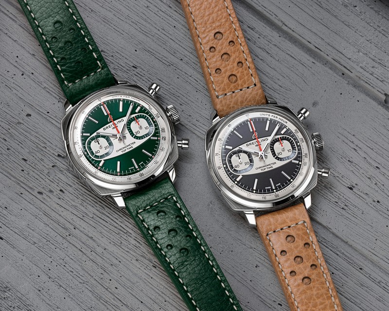 トップタイムコレクションに加わった新作モデル。「トップタイム B01 レーシング」自動巻き、SSケース（38mm）、カーフストラップ。10気圧防水。各107万8000円／ブライトリング（ブライトリング・ジャパン）