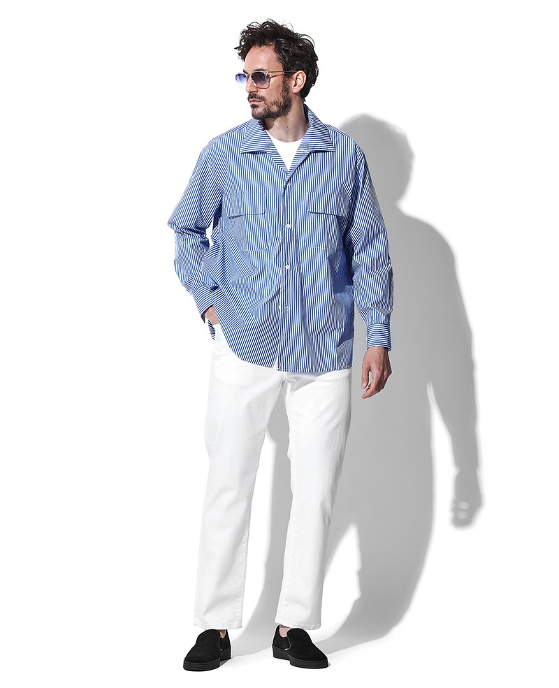 デニム3万5200円／ロイロジャース、シャツ5万9400円／モニタリー、カットソー1万7050円／エムバイ、靴4万9500円／ペリーコサニー（すべて買えるLEON）