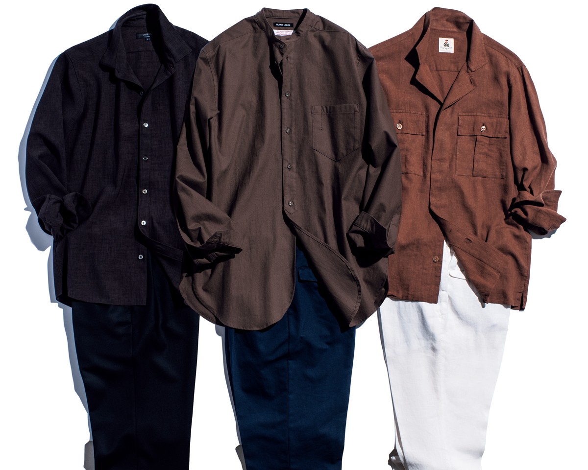 右●シャツ4万700円/ギ ローバー、パンツ3万4100円/デヴォレ インチピット(ともにバインド ピーアール)、中●シャツ5万3900円/フランク リーダー(マッハ55リミテッド)、パンツ5万6100円/ピーティー トリノ(PT JAPAN)、左●シャツ2万6400円/ジョゼフ オム(オンワード樫山 お客様相談室)、パンツ8万2500円/フミヤ ヒラノ ザ トラウザーズ(ノウン)