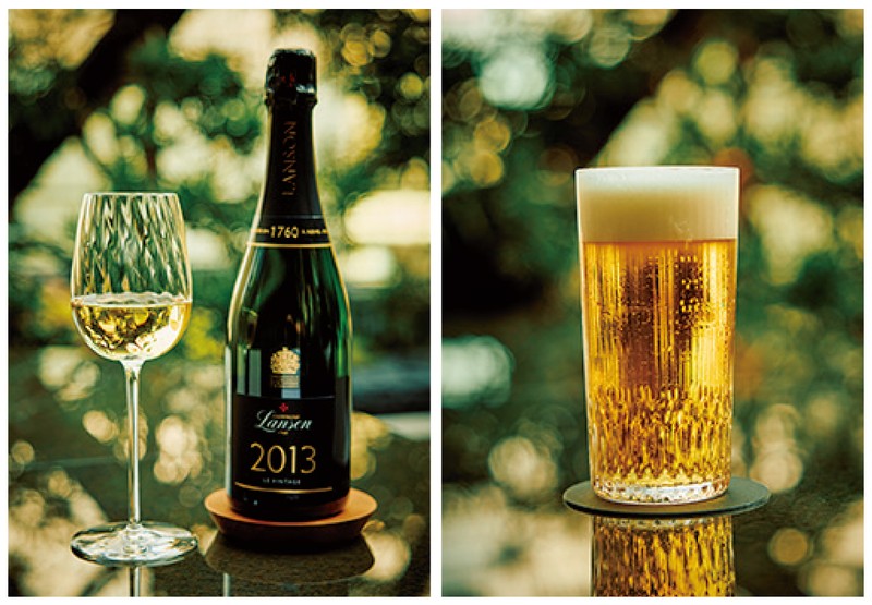 生ビール「プレミアムモルツ」1500円「ランソン ヴィンテージ 2013」（グラス）3900円