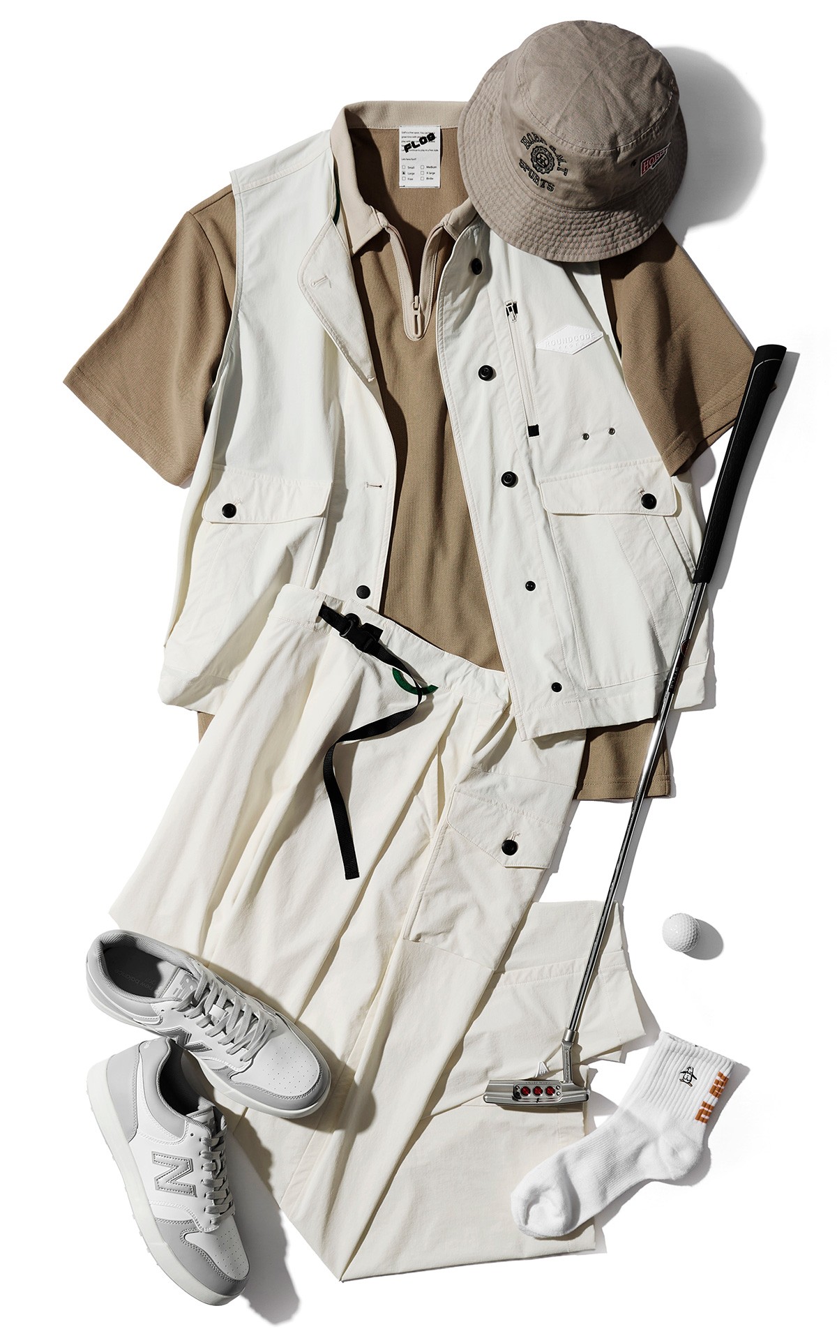 ジレ3万800円、パンツ3万800円/ともにROUNDCODE KYOTO、ポロシャツ1万2100円/フログ ゴルフ クラブ(FLOG GOLF CLUB)、ソックス2420円/マンシングウェア(デサントジャパン お客様相談室)、シューズ(オープン価格●)/ニューバランス(ニューバランス ジャパン お客様相談室)、ハット1万4300円/ホーン ガーメント(キューブ)、パター0万0000円/スコッティ キャメロン(アクシネット ジャパン インク)、ボールはスタイリスト私物