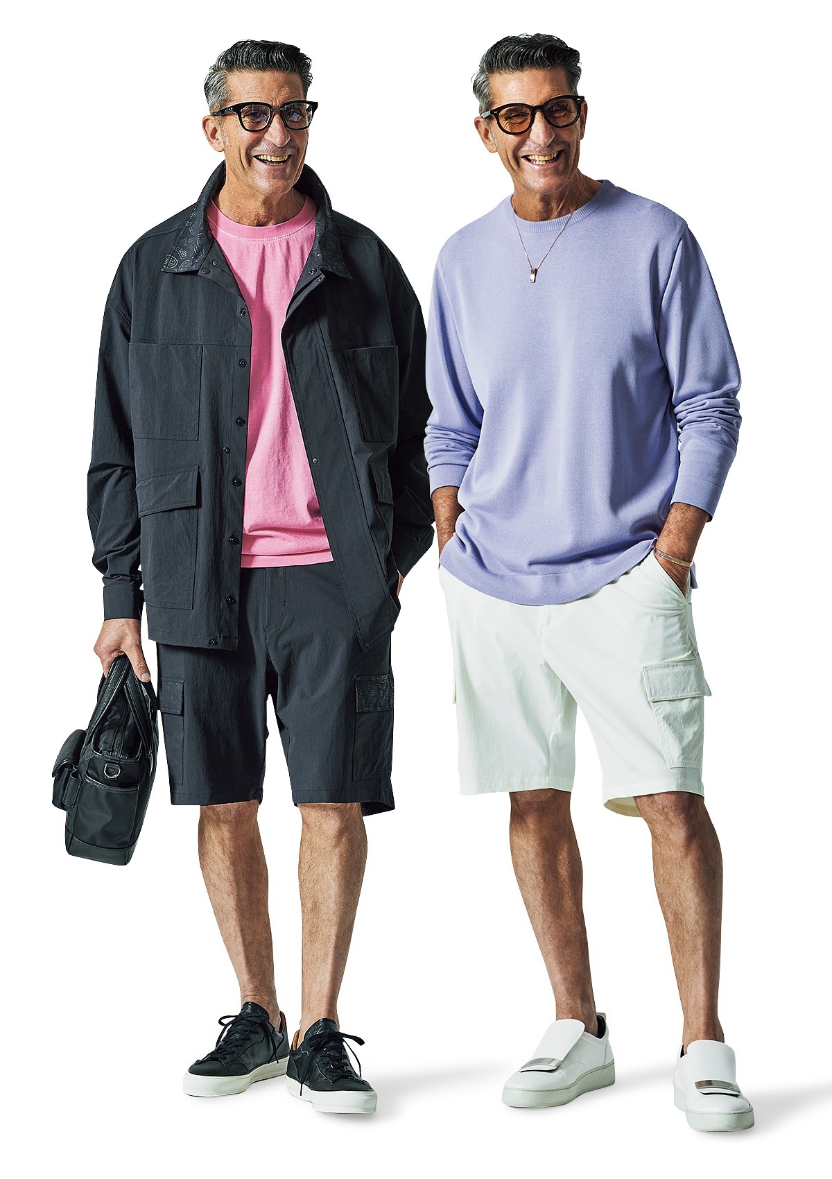 ショーツ各2万7500円／クロノス（買えるLEON）　右●色ニットでさわやかに。ニット9万3500円／タエ アシダ、サングラス2万2000円／ポリス、ネックレス115万5000円、バングル396万円／ともにアオシ、シューズ11万1100円／セルジオ ロッシ（すべて買えるLEON）　左●セットアップも可能です。ジャケット3万8500円、バッグ1万3200円／ともにクロノス、Tシャツ1万6500円／バロウ、メガネ14万800円／アコニ、シューズ2万7500円／スピングル（すべて買えるLEON）