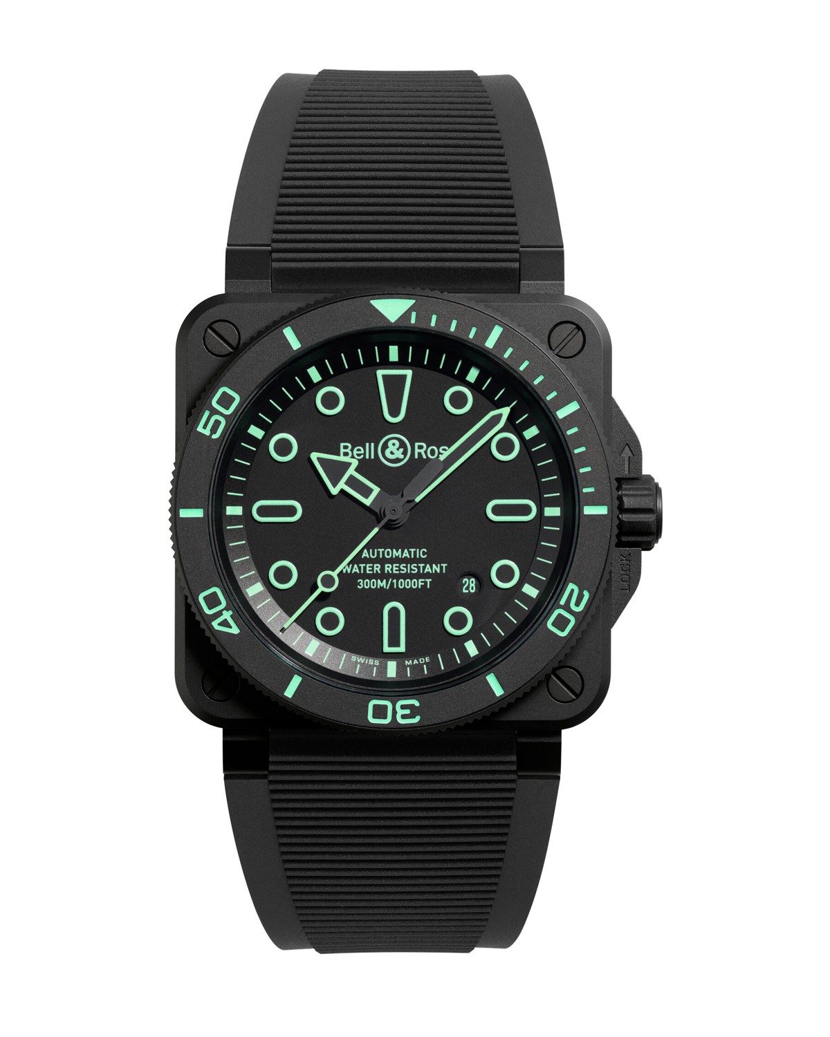 「BR-03 ダイバー ラム アウトライン」自動巻き、セラミックケース(42mm)、ラバーストラップ。300m防水。82万5000円/ベル&ロス(ベル&ロス 銀座ブティック)