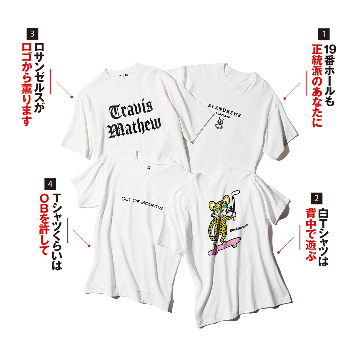［1］Tシャツ1万3200円／セント・アンドリュース　［2］Tシャツ8800円／バックワーズ（Backwards カスタマーサービス）　