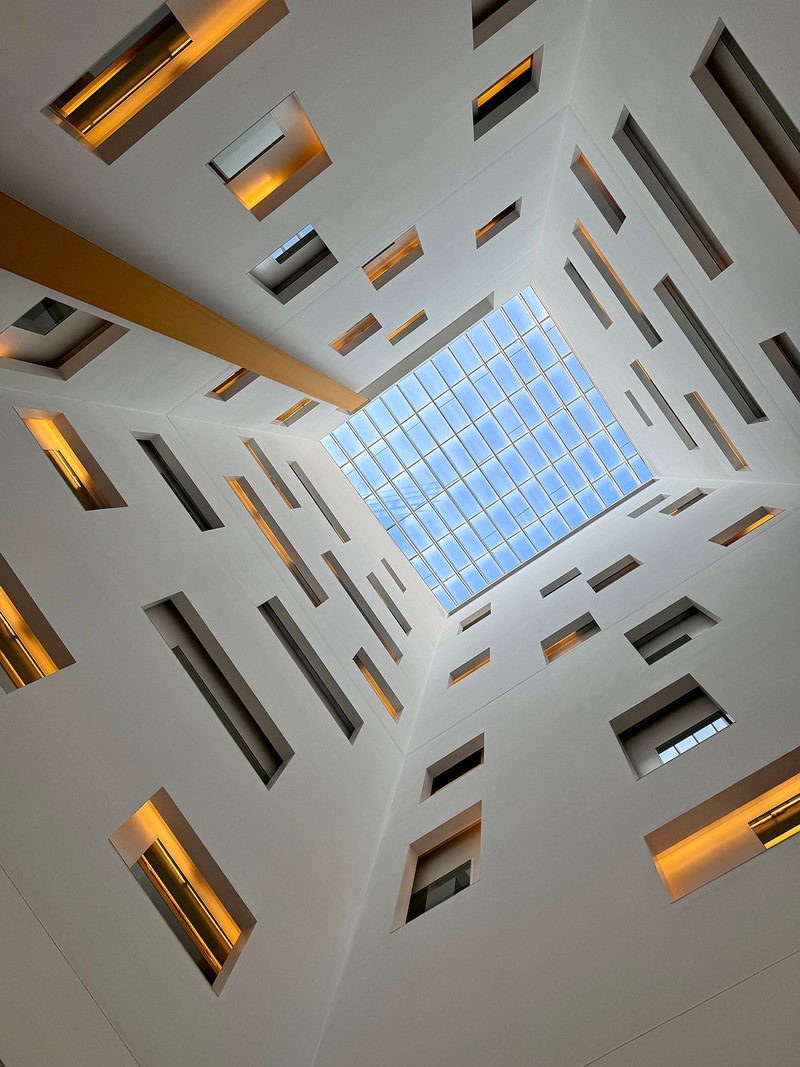 9階建ての建物を貫通する大きな吹き抜けは、自然光と人工照明が調和。
