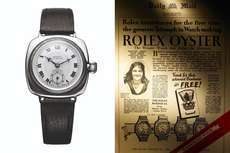 (左)ロレックスの初期のオイスターケースモデル。 © Rolex/Jean-Daniel Meyer (右)ドーバー海峡を泳いで渡ったメルセデス・グライツを掲載した1927年の広告。 © Rolex