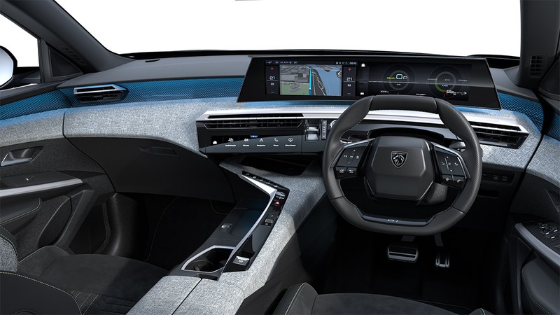 プジョーの新世代インテリア「Panoramic i-Cockpit」。適度な囲まれ感と計算されたボタン配置など、オリジナル性は高いが慣れると使いやすいもの。