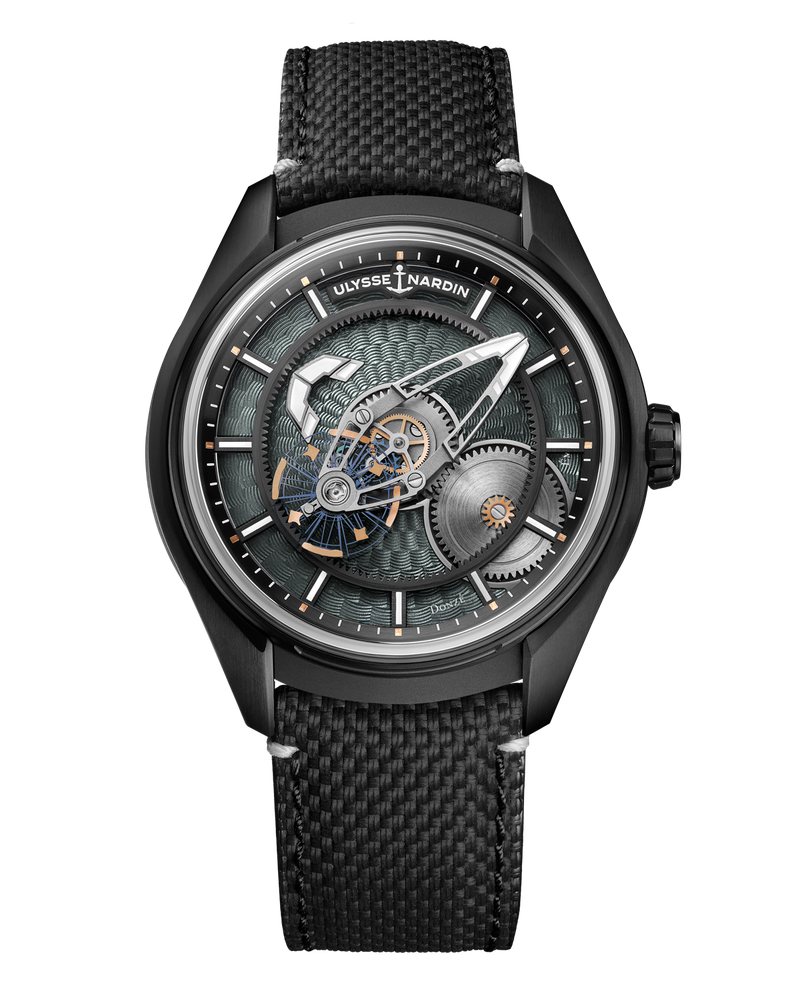 「フリークX グレー エナメル」自動巻き、ブラックDLCチタンケース（43mm）、ラバーバリスティックストラップ。50m防水。700万7000円／ユリス・ナルダン（）