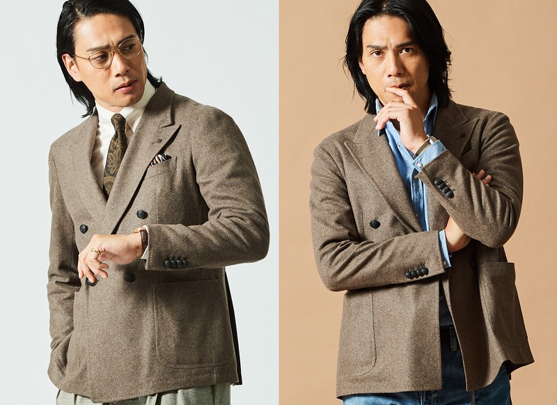 ジャケット、着回し、コーデ、オンオフ、ダブルジャケット