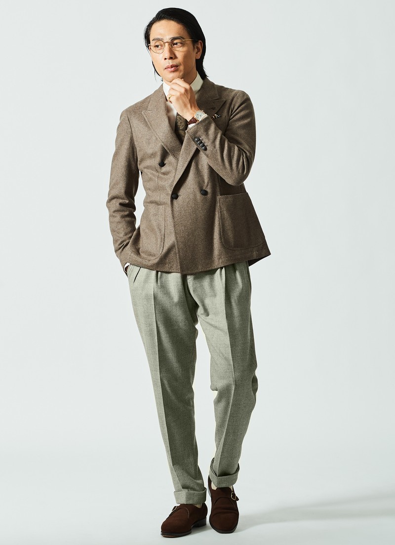 ジャケット、着回し、コーデ、オンオフ、ダブルジャケット