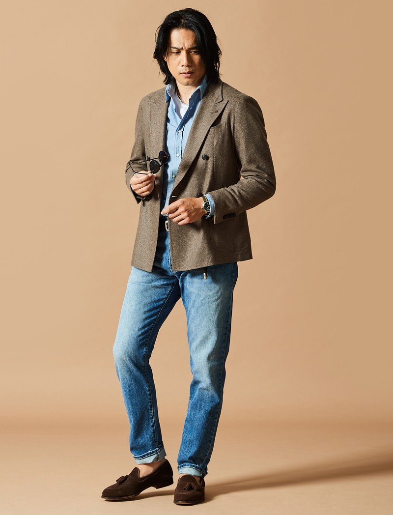 ジャケット、着回し、コーデ、オンオフ、ダブルジャケット