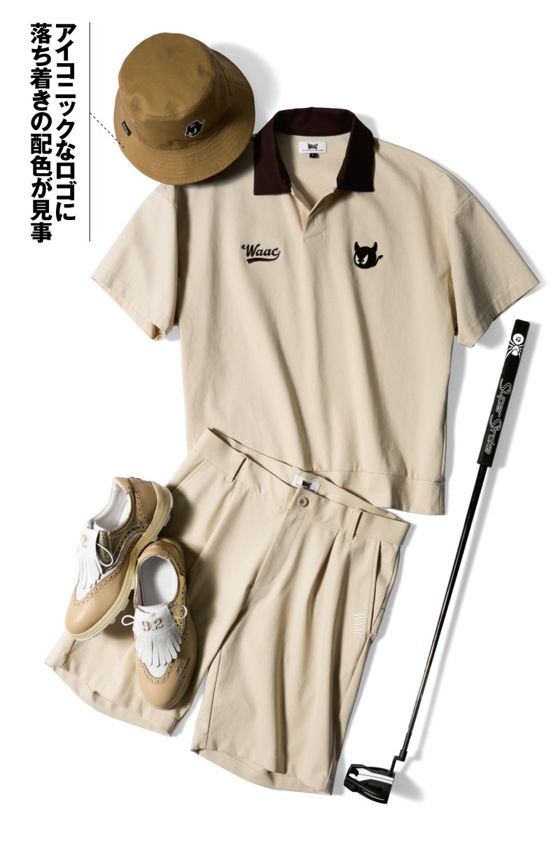 ポロシャツ2万9700円、ショーツ2万7500円、ハット1万2100円/すべてワック、シューズ7万9200円/ノーベ・プント・ドゥーエ ゴルフプロ、パター4万6200円/テーラーメイド(テーラーメイド ゴルフ)