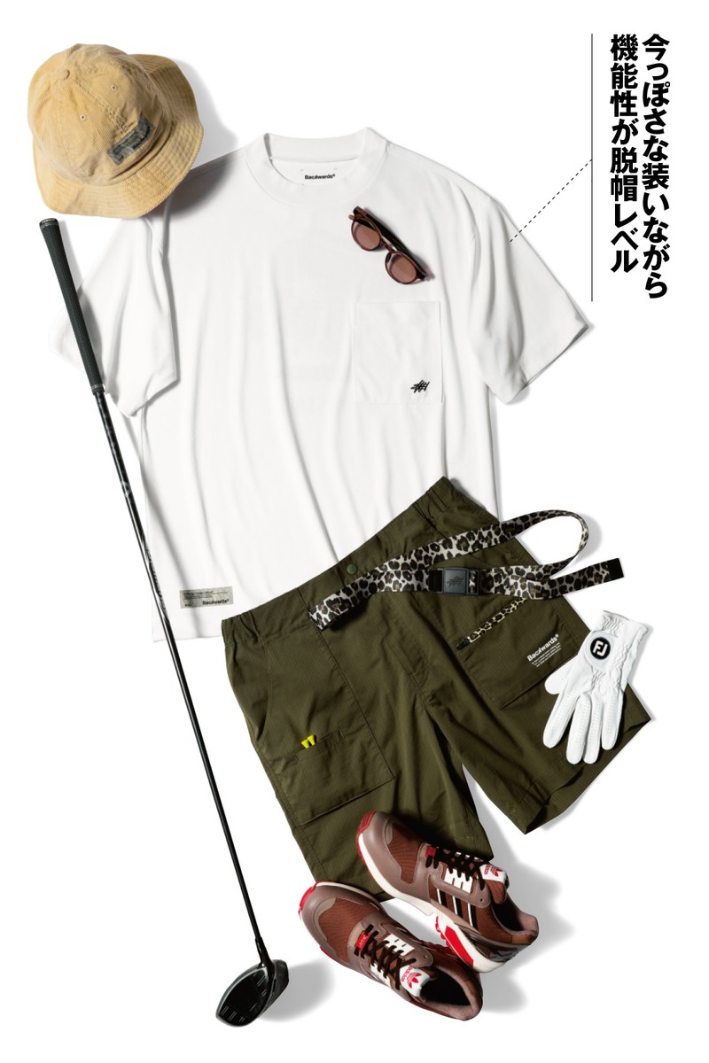 モックネック1万9800円、ショーツ2万9700円、ハット7480円、ベルト1万3200円/すべてバックワーズ(Backwards カスタマーサービス)、ドライバー9万9000円/テーラーメイド(テーラーメイド ゴルフ)、シューズ2万4200円(オープン価格)/アディダスゴルフ(アディダス ゴルフお客様窓口)