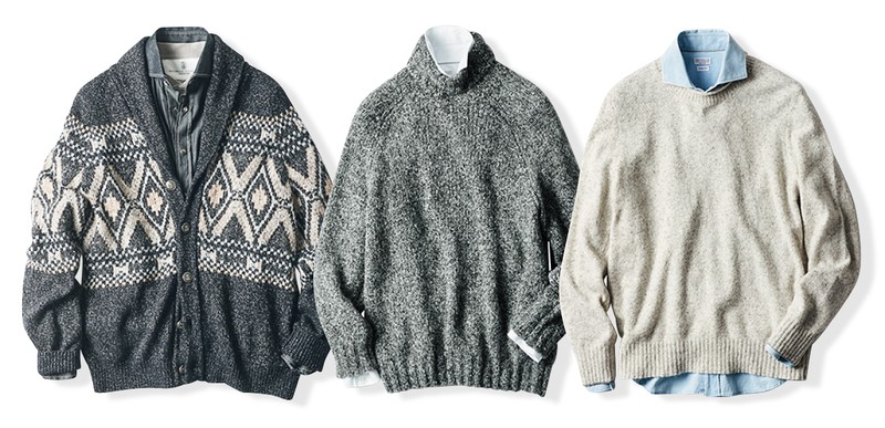 右●ニット37万1800円、シャツ11万7700円、中●ニット43万3400円、シャツ14万8500円、左●カーディガン75万9000円、シャツ19万5800円、Tシャツ18万3700円/すべてブルネロ クチネリ(ブルネロ クチネリ ジャパン)