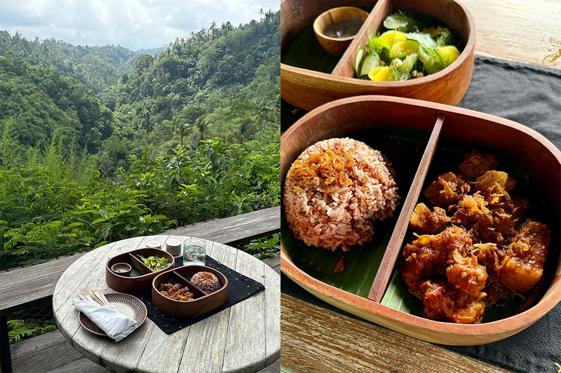 バレでいただいた豚の煮込みと赤米、サラダ。