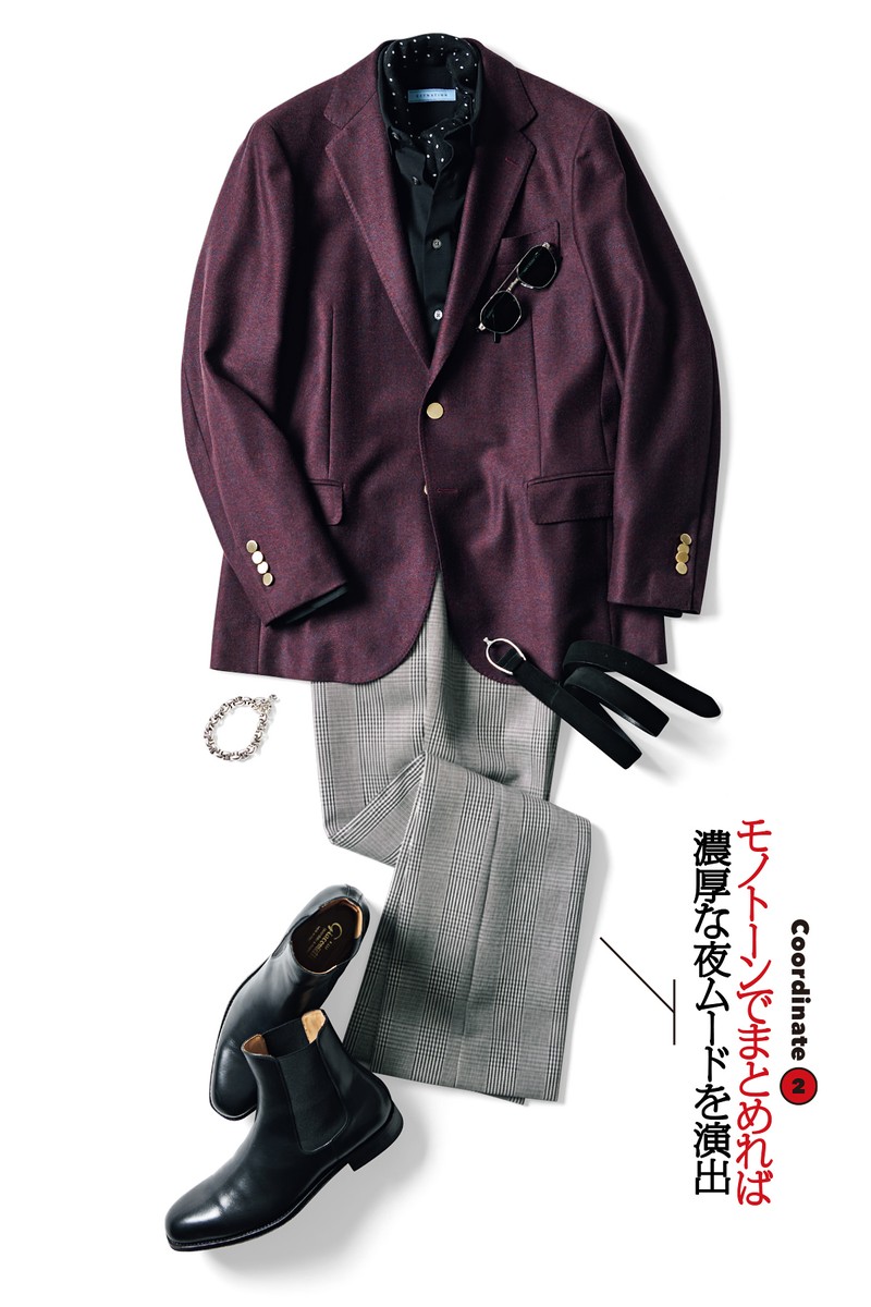 ジャケット11万円／リングヂャケット フォー デザインワークス（デザインワークス 六本木ヒルズ店）、シャツ3万8500円／エストネーション、パンツ8万8000円／フミヤ ヒラノ ザトラウザーズ（ノウン）