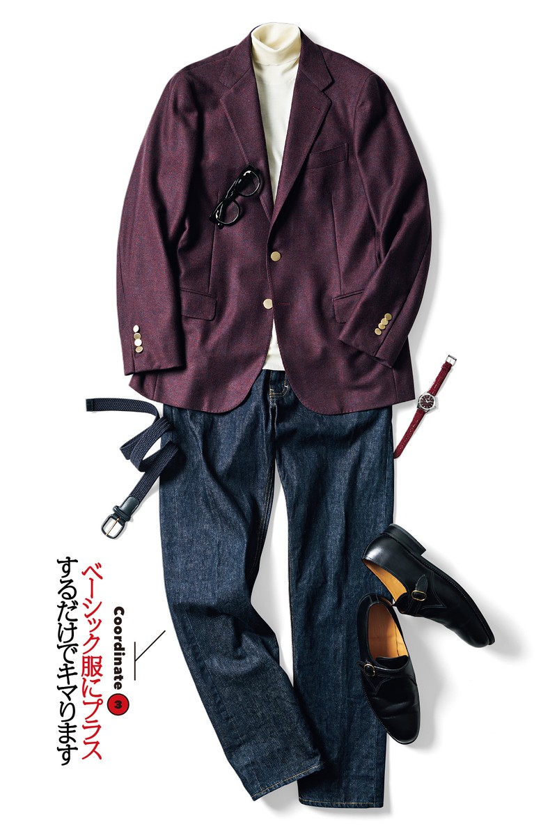 ジャケットは上と同じ。ニット6万1600円／ドルモア（バインドピーアール）、デニム5万6100円／クローズド（トヨダトレーディング プレスルーム ）、靴19万2500円／ジェイエムウエストン（ジェイエムウエストン 青山店）