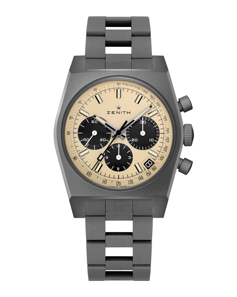 「クロノマスター リバイバル 次元大介エディション」自動巻き、マイクロブラスト仕上げチタンケース（37mm）、世界限定200本。143万円／ゼニス（ゼニス ジャパン）　11月19日より伊勢丹新宿店メンズ館1階ザ・ステージで開催するポップアップストアとオンラインブティック(日本のみ)での世界先行販売に続き、11月26日より世界中のゼニス ブティックおよびオンラインブティック、一部の正規代理店で発売。