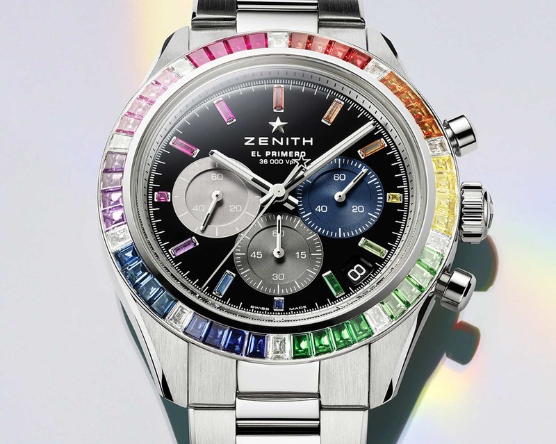 ゼニスはベゼルにレインボーカラーのサファイアとホワイトダイヤモンドをセットした大胆なモデルも手がけています。「クロノマスター スポーツ レインボー」自動巻き、18KWGケース（41mm）×ブレスレット。ブティック限定。1540万円／ゼニス
