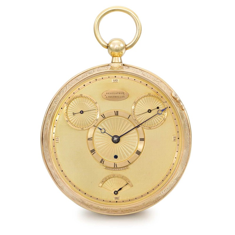 ブレゲNo.1176は、アブラアン-ルイ・ブレゲが製作した初の4分間トゥールビヨン。中央の時間表示に加え、二つの独立した秒表示を備えています。