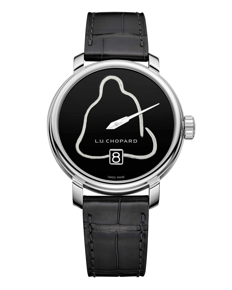 高い技術を必要とするグラン・フー エナメルで描かれているのは、禅宗の開祖である伝説の僧侶、達磨。インデックスを廃し、ジャンピングアワーと分針飲みの文字盤からは、静謐な力強さが感じられます。「L.U.C クアトロ スピリット “瞑想する達磨”」手巻き、18Kエシカルホワイトゴールドケース（40mm）、アリゲーターストラップ。世界8本限定。935万円／ショパール（ショパール ジャパン プレス）