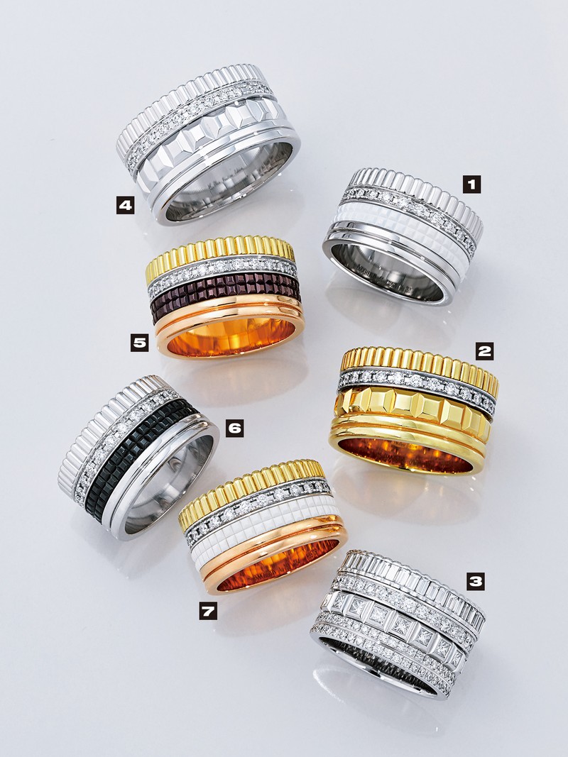 [1] ［18KWG×ホワイトセラミック×ダイヤモンド］167万6400円、[2] ［18KYG×18KWG×ダイヤモンド］188万7600円、[3] ［18KWG×ダイヤモンド］877万8000円、[4] ［18KWG×ダイヤモンド］200万6400円、[5]［18KYG×18KWG×18KPG×ブラウンPVD×ダイヤモンド］165万円、[6] ［18KWG×ブラックPVD×ダイヤモンド］174万2400円、[7] ［18KYG×18KPG×18KWG×ホワイトセラミック×ダイヤモンド］159万7200円／すべてブシュロン（ブシュロン クライアントサービス）