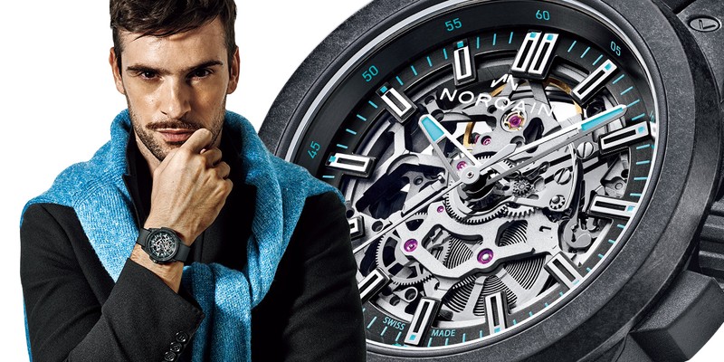  『ワイルド ワン スケルトン JP 42㎜』 自動巻き、ブラックNORTEQ®ケージ×アンスラサイトのラバー製ショックアブソーバーケース（42㎜）、ブラック×アンスラサイトのラバーストラップ。200m防水。102万3000円／ノルケイン（ノルケイン ジャパン）