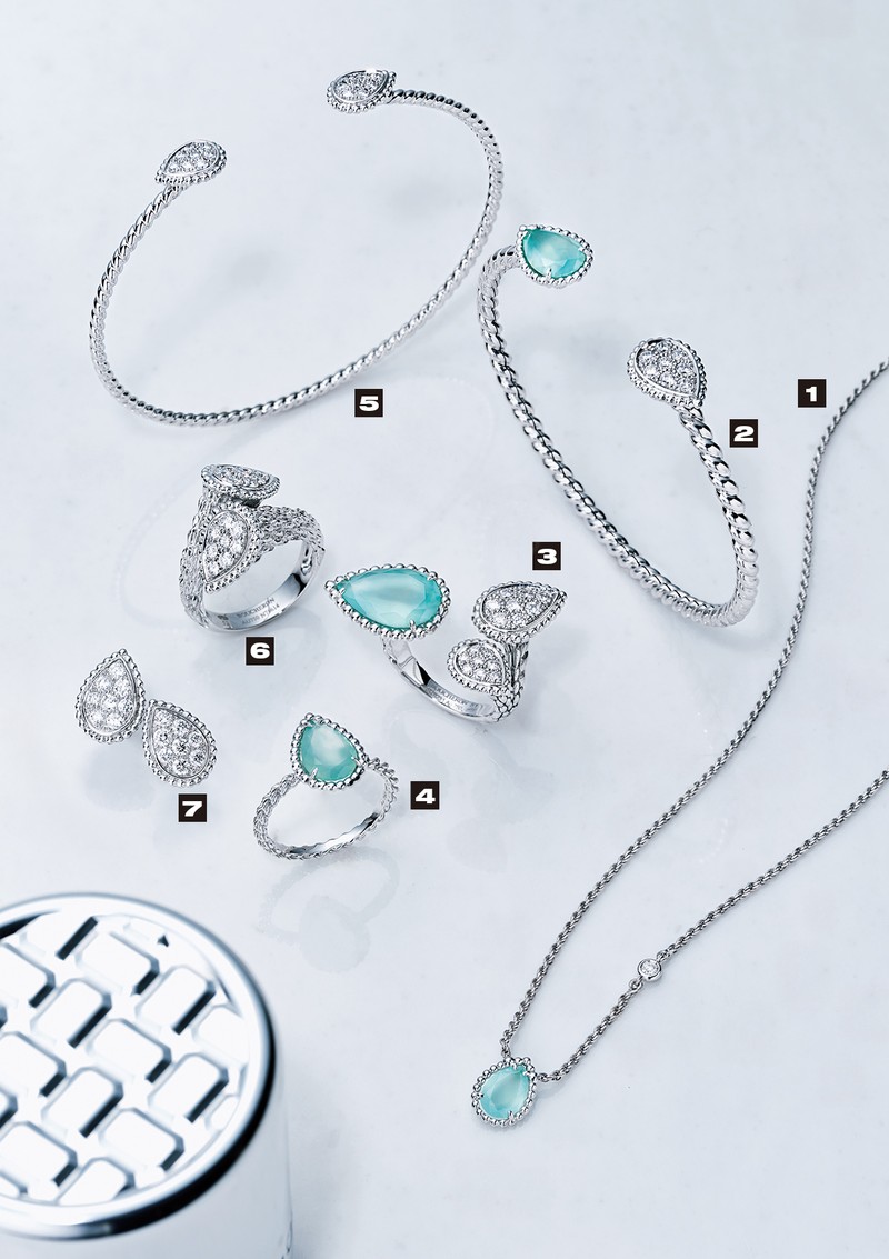 [1] ［18KWG×アクアプレーズ×ダイヤモンド］31万1300円、[2] ［18KWG×アクアプレーズ×ダイヤモンド］125万4000円、[3] ［18KWG×アクアプレーズ×ダイヤモンド］162万3600円、[4] ［18KWG×アクアプレーズ］37万4000円、[5] ［18KWG×ダイヤモンド］84万1500円、[6] ［18KWG×ダイヤモンド］182万1600円、[7] ［18KWG×ダイヤモンド］122万7600円／すべてブシュロン（ブシュロン クライアントサービス）