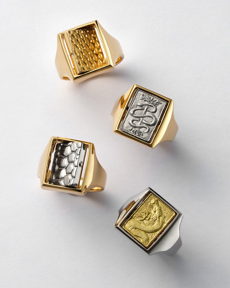 リング上●［18KYG］00万0000円、中上●［18KYG×18KWG］00万0000円、中下●［18KYG×18KWG］00万0000円、下●［18KWG×18KYG］00万0000円／すべてラギッドマインド（エスジェイ ジュエリー）