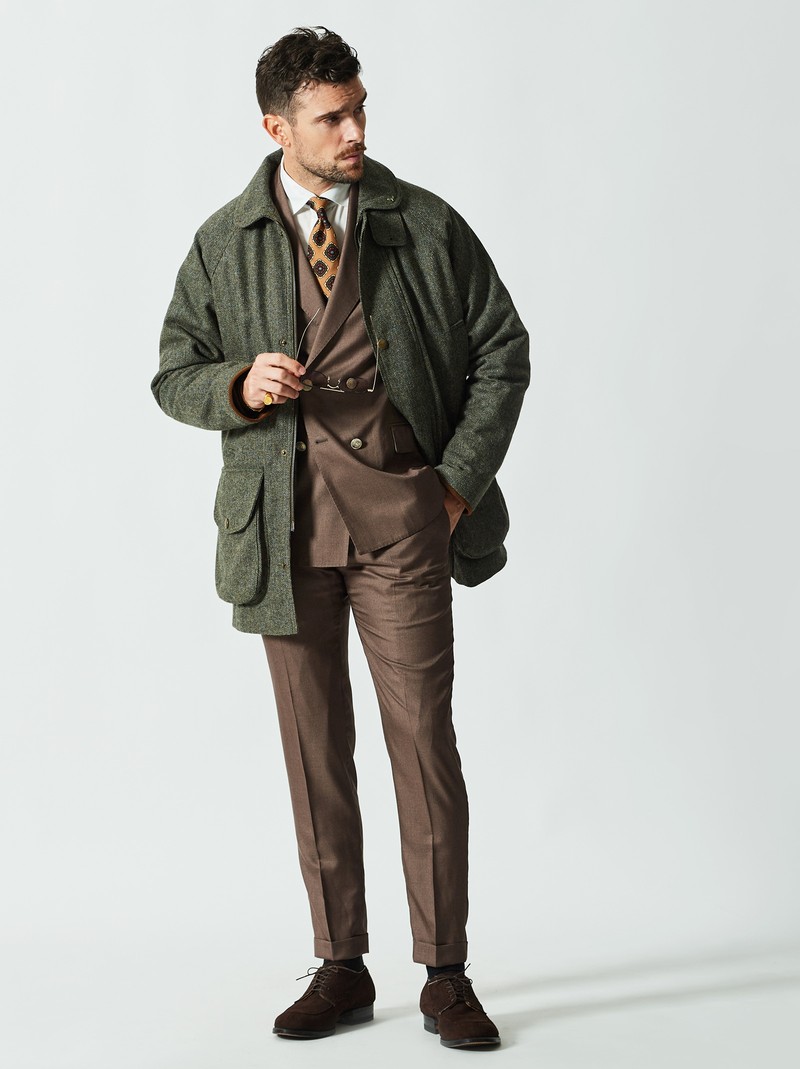 ハンティングジャケット、スーツ、着こなし、コーデ