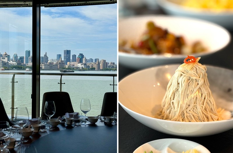 右・緻密な包丁使いで豆腐を丹念な細切りに。左・角の個室はバルコニーに囲まれ、客船のような眺め。