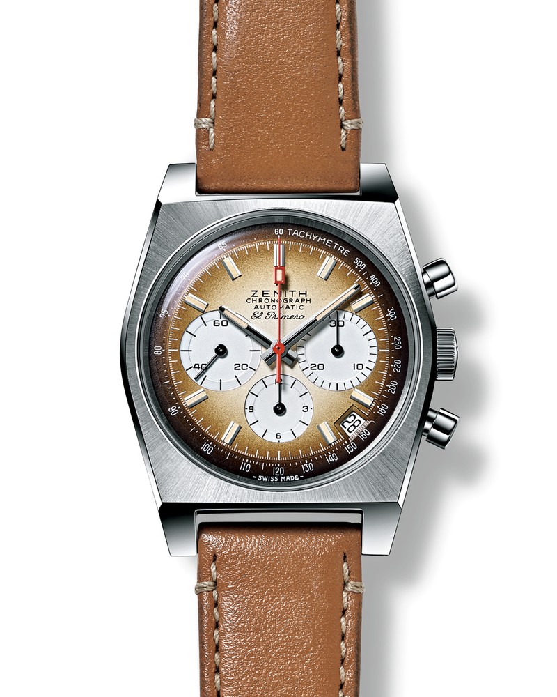 「クロノマスター リバイバル エル・プリメロ A385」自動巻き、SSケース（37mm）、カーフスキンストラップ。5気圧防水。121万2200円／ゼニス